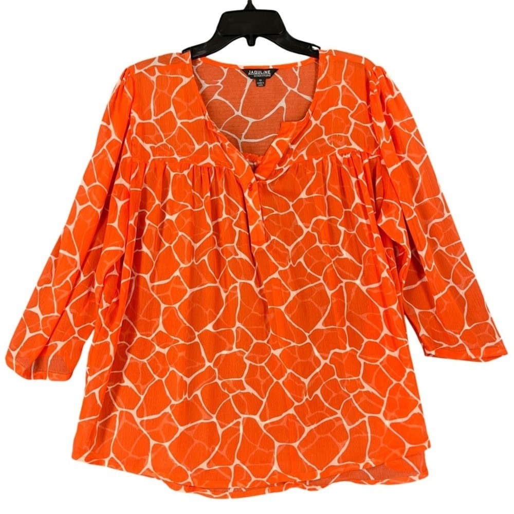Jaquline Design Studio Giraffe Print Chiffon Blouse 3/4 Sleeve‎ Orange 1X Womens